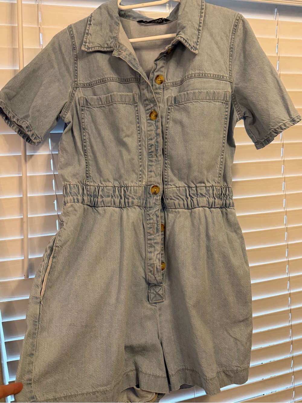 Zara Light Blue Denim Short-Sleeve One-Piece Romper